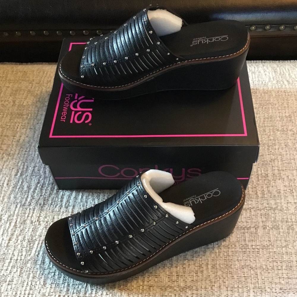 Corkys Much Better Black Studded Wedge Sandals NIB